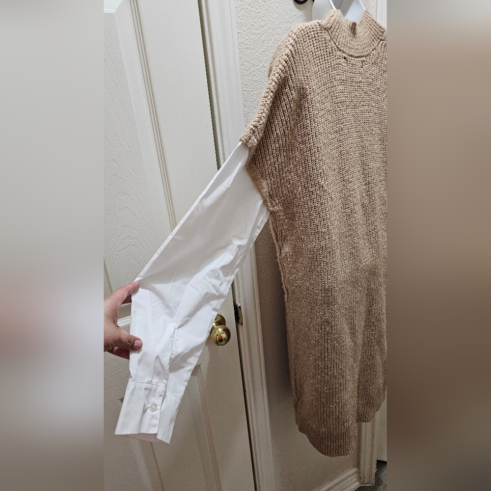 Tahari Mock White Shirt Layered Taupe Sweater Dress Taupe Size Extra Large NWOT - Picture 7 of 13